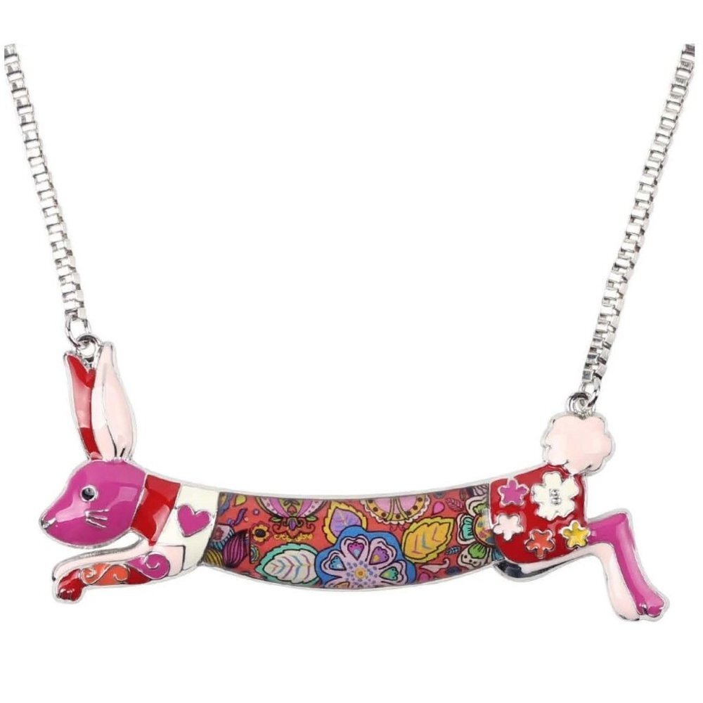 Enamel & Silver Running Rabbit - Bunny - Choker Necklace - Hand Painted